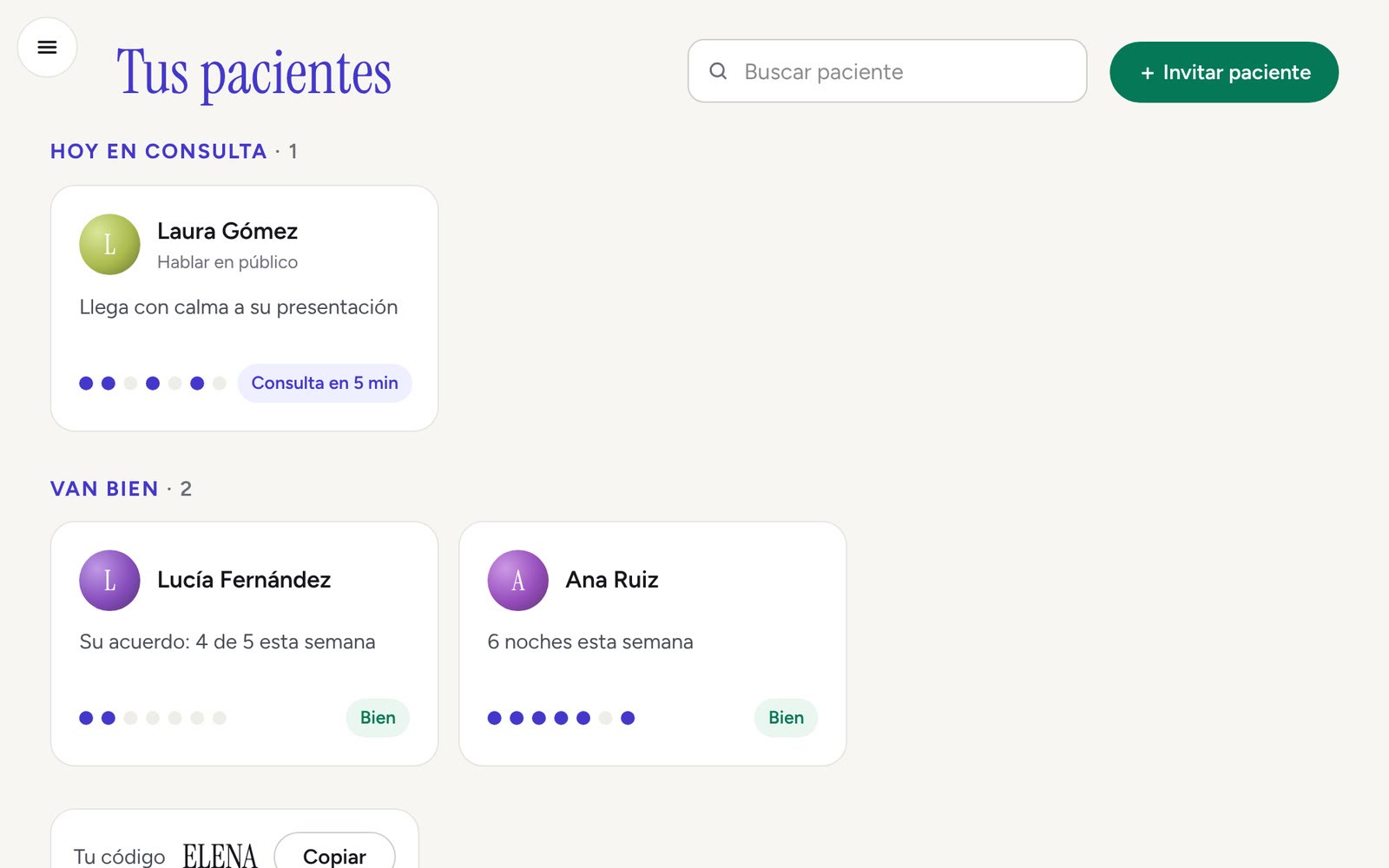Panel del terapeuta: lista de pacientes